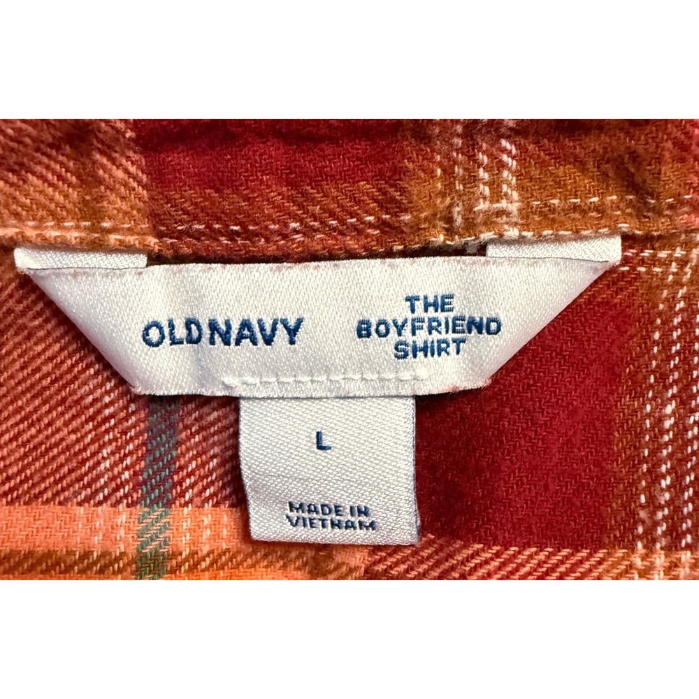 Old Navy Flannel Shirt Women Large Burgundy Orange Plaid Boyfriend Shirt - Picture 4 of 7